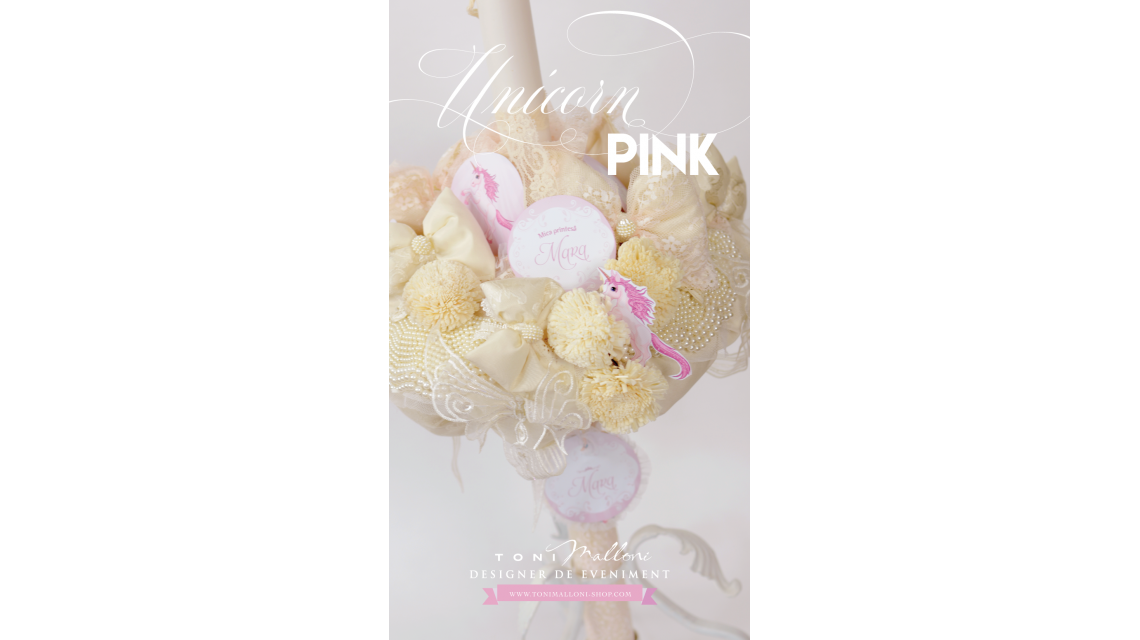 Lumanare de botez pentru fetite cu unicorni, perle si dantele, Pink Lady Unicorn 3